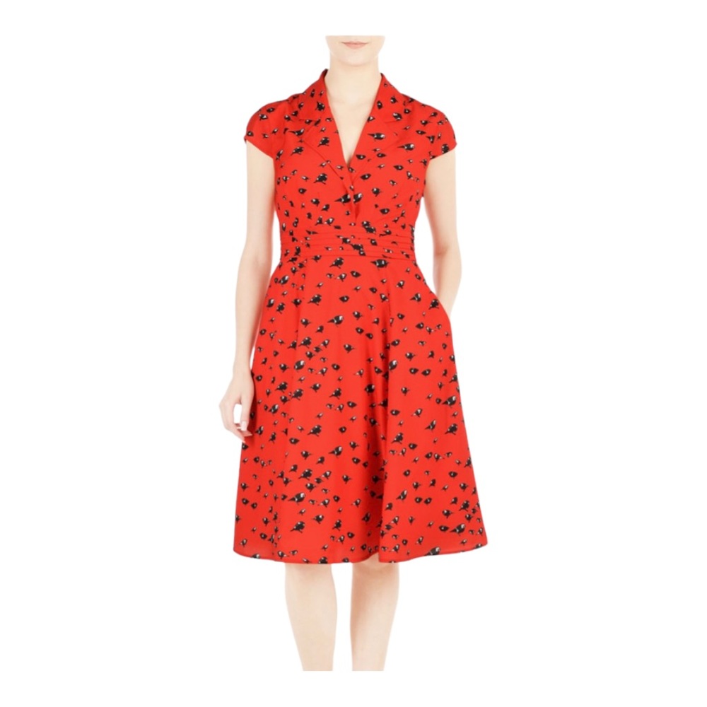 eShakti Red Midi Dress with Black Floral Pattern